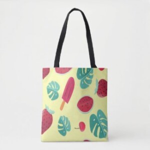 Cool fruity summer tote bag, sunny yellow background with pops of red cherry, popsicle, & watermelon.