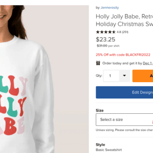 Screenshot of Zazzle Product Page, where to find Size Chart by Size Options.
