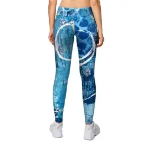 Abstract White Circles on Blue Artsy Print of Original Painting, Leggings modeled on female, Back side.