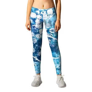 Abstract White Circles on Blue Artsy Print of Original Painting, Leggings modeled on female