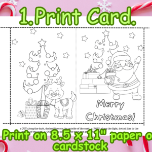 Printable Coloring 5x7 Merry Christmas Card, Santa and Reindeer, digital download 1. Print Card.