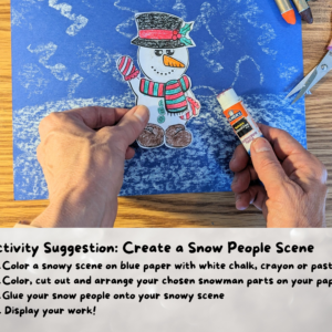 Build a Snowman Craft: hands gluing pieces of snowman to blue paper
