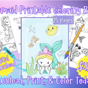 Mermaid Under the Sea Printable Coloring Book for Kids Digital Download Fun Coloring Sheets 25 Printable Mermaid Pages Activity Book