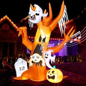 8FT Halloween Inflatable Ghost Tree with Scary Music and Build-in LEDs,